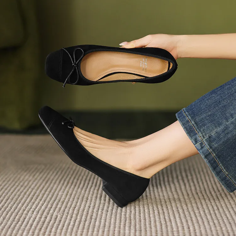 Women's Spring and Autumn Leopard Print Square Toe Low-Heeled Flats with Chunky Heel and Bow, Sheepskin Shoes 1-3a