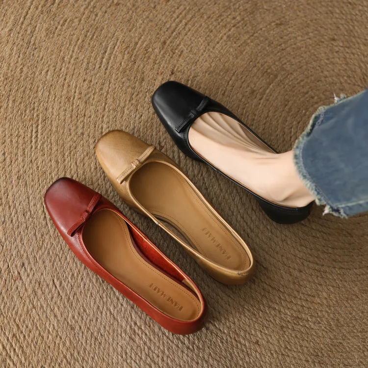 Spring low-heeled chunky heel square toe bow single shoes, cowhide, black, khaki, red 1-3i