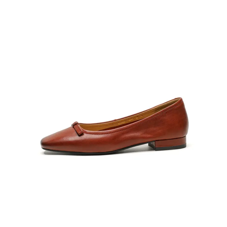 Spring low-heeled chunky heel square toe bow single shoes, cowhide, black, khaki, red 1-3i