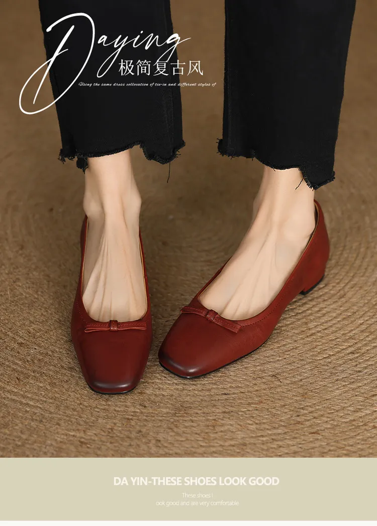 Spring low-heeled chunky heel square toe bow single shoes, cowhide, black, khaki, red 1-3i