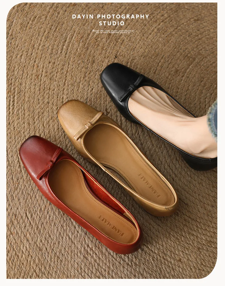 Spring low-heeled chunky heel square toe bow single shoes, cowhide, black, khaki, red 1-3i