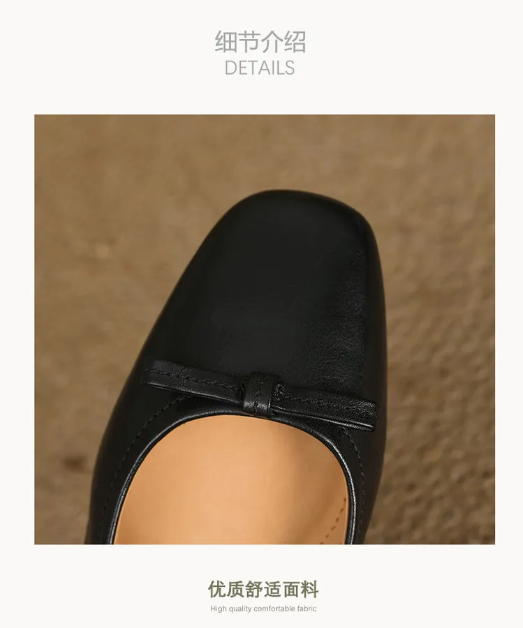 Spring low-heeled chunky heel square toe bow single shoes, cowhide, black, khaki, red 1-3i