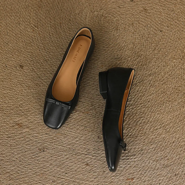 Spring low-heeled chunky heel square toe bow single shoes, cowhide, black, khaki, red 1-3i