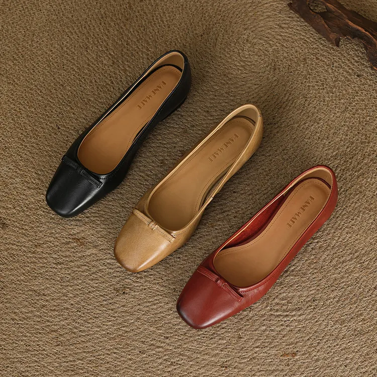 Spring low-heeled chunky heel square toe bow single shoes, cowhide, black, khaki, red 1-3i