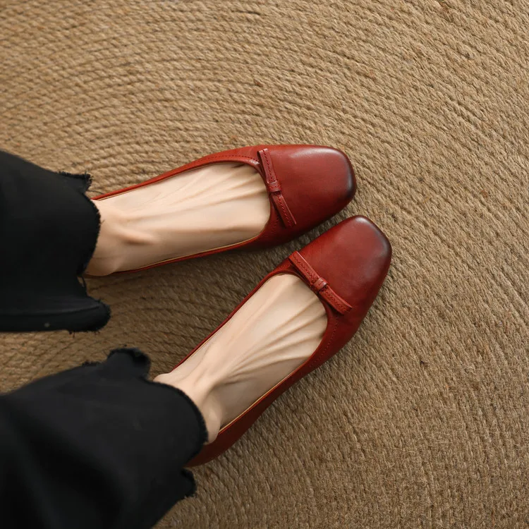Spring low-heeled chunky heel square toe bow single shoes, cowhide, black, khaki, red 1-3i