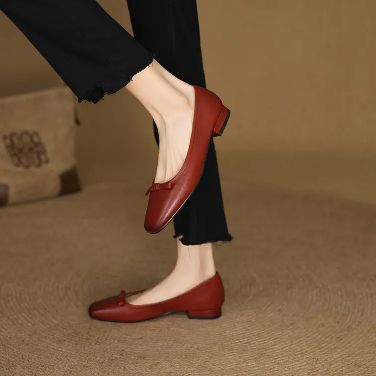 Spring low-heeled chunky heel square toe bow single shoes, cowhide, black, khaki, red 1-3i
