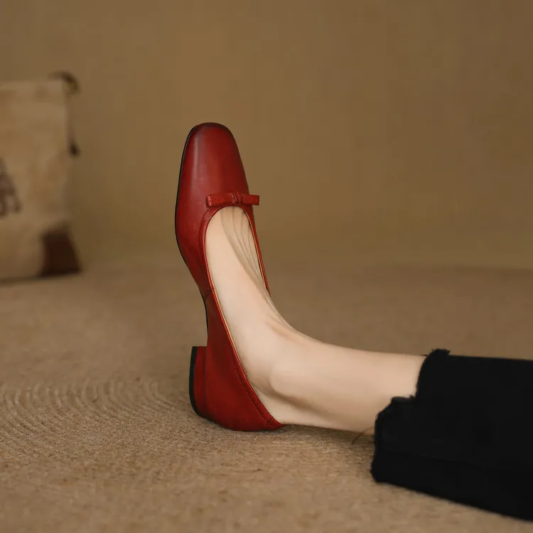 Spring low-heeled chunky heel square toe bow single shoes, cowhide, black, khaki, red 1-3i