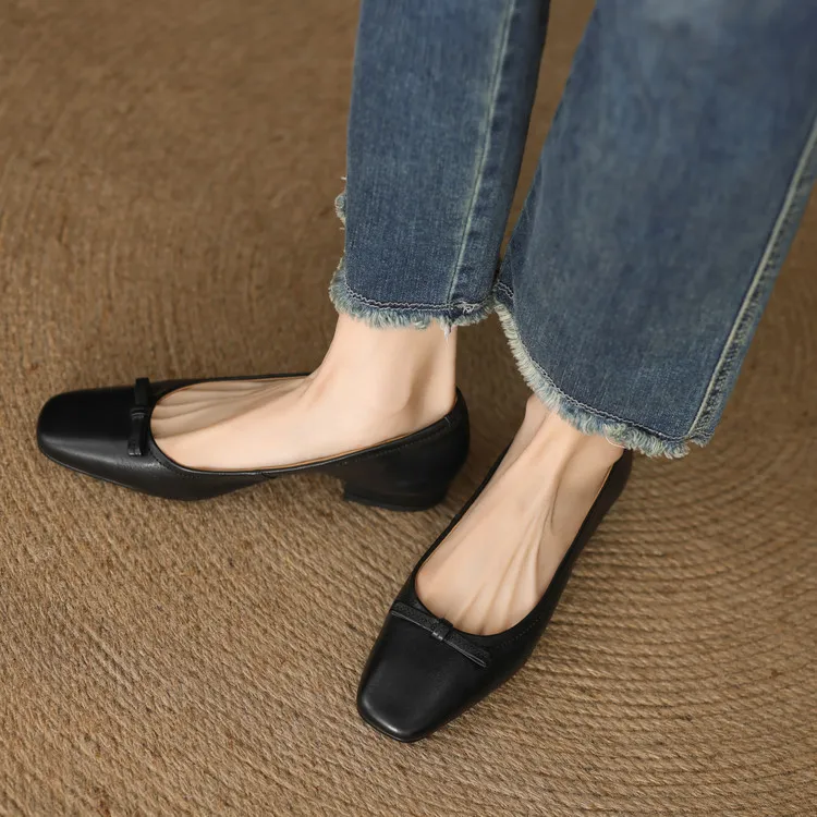 Spring low-heeled chunky heel square toe bow single shoes, cowhide, black, khaki, red 1-3i
