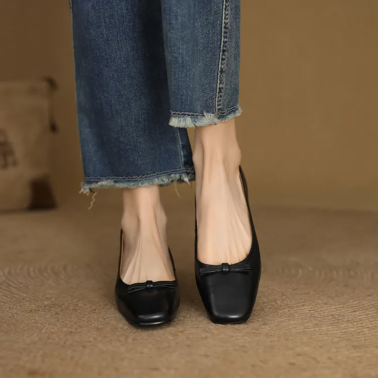 Spring low-heeled chunky heel square toe bow single shoes, cowhide, black, khaki, red 1-3i