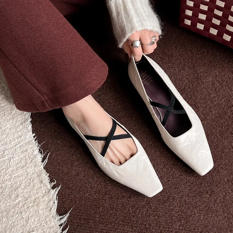 Fashionable Spring Square Toe Flat Low Heel Cross Strap Single Shoes Sheepskin Fashion Solid Color Women's Shoes 1-3p