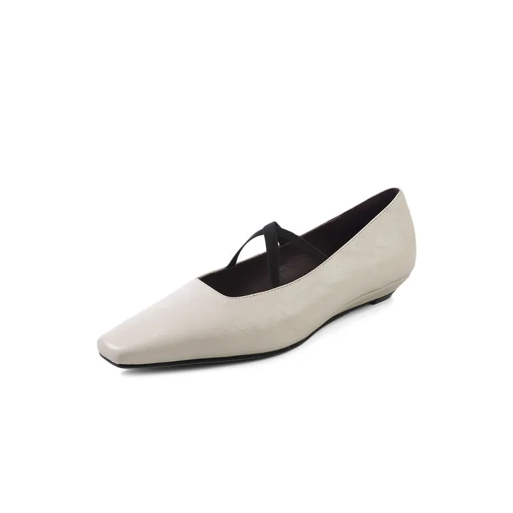 Fashionable Spring Square Toe Flat Low Heel Cross Strap Single Shoes Sheepskin Fashion Solid Color Women's Shoes 1-3p