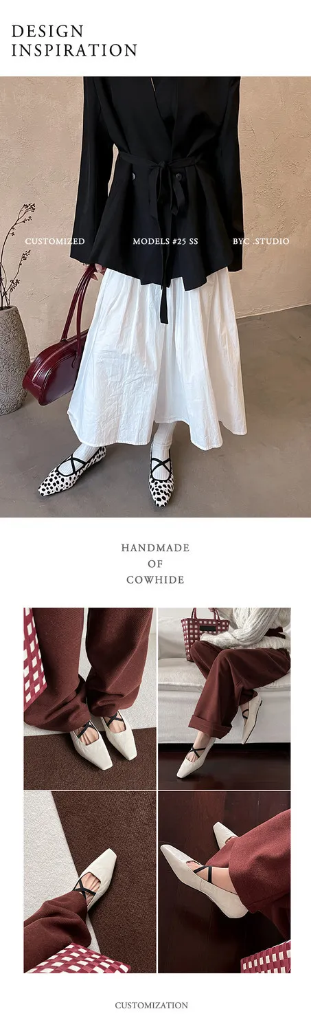 Fashionable Spring Square Toe Flat Low Heel Cross Strap Single Shoes Sheepskin Fashion Solid Color Women's Shoes 1-3p