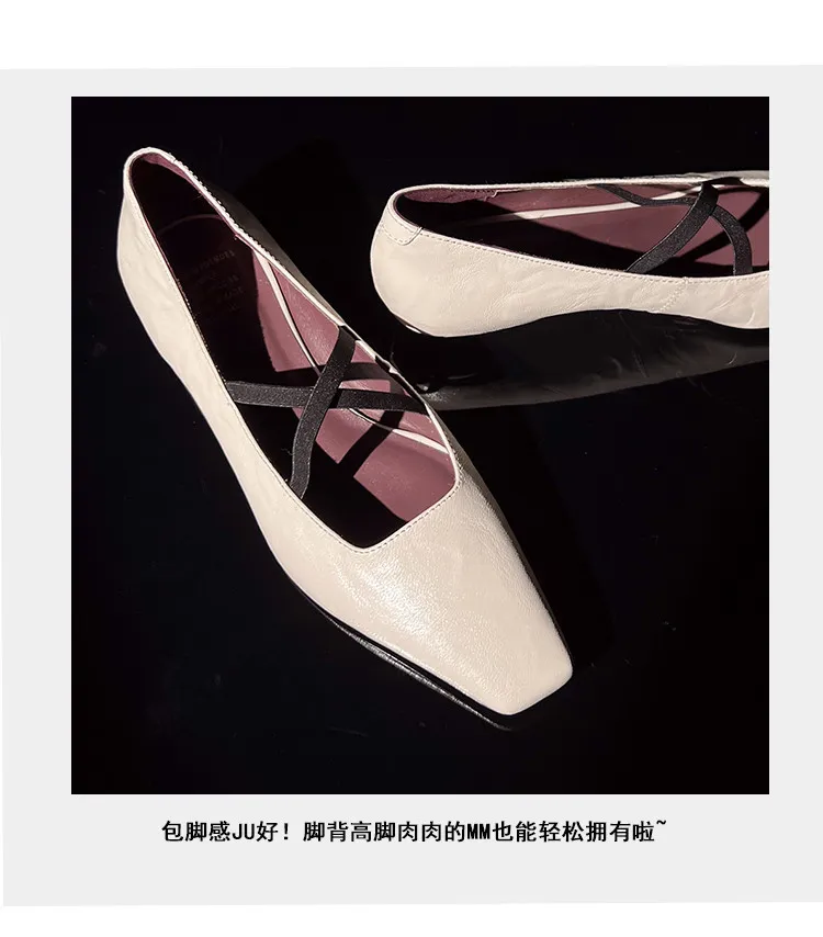 Fashionable Spring Square Toe Flat Low Heel Cross Strap Single Shoes Sheepskin Fashion Solid Color Women's Shoes 1-3p