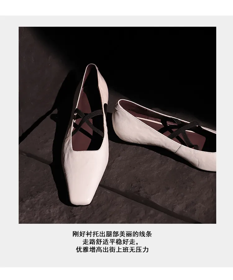 Fashionable Spring Square Toe Flat Low Heel Cross Strap Single Shoes Sheepskin Fashion Solid Color Women's Shoes 1-3p