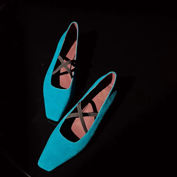 Fashionable Spring Square Toe Flat Low Heel Cross Strap Single Shoes Sheepskin Fashion Solid Color Women's Shoes 1-3p