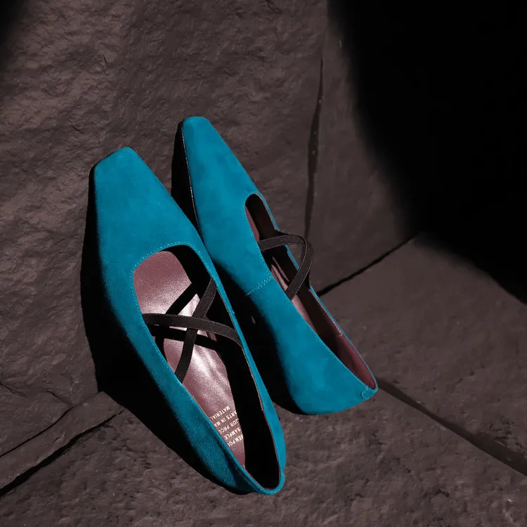 Fashionable Spring Square Toe Flat Low Heel Cross Strap Single Shoes Sheepskin Fashion Solid Color Women's Shoes 1-3p