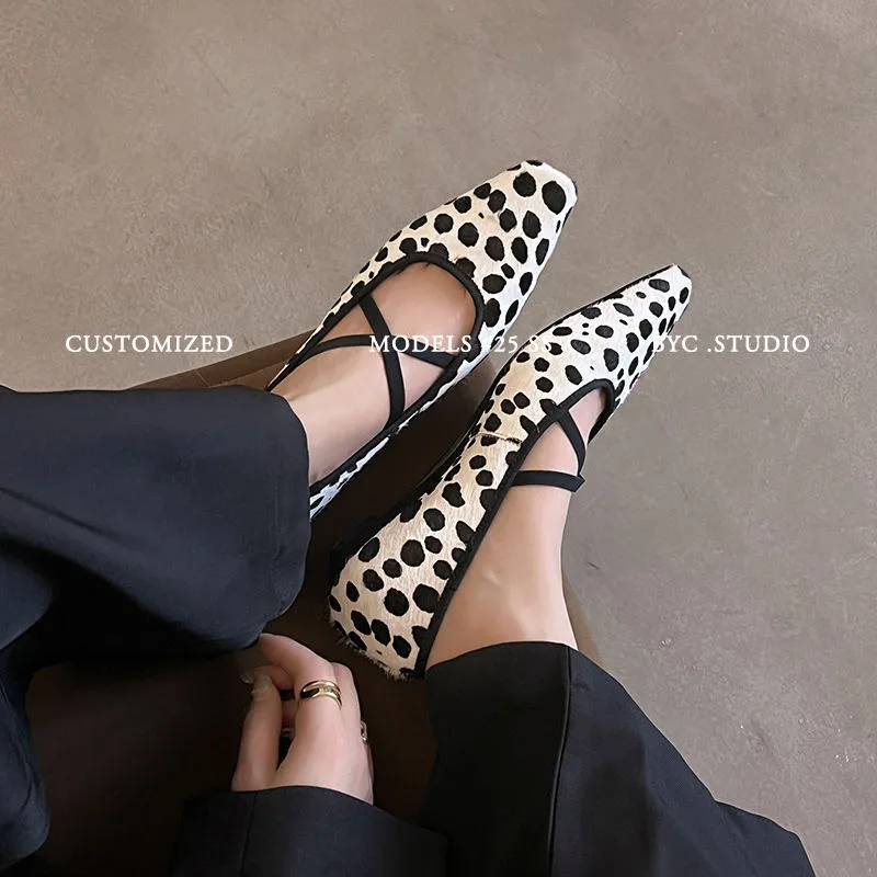 Fashionable Spring Square Toe Flat Low Heel Cross Strap Single Shoes Sheepskin Fashion Solid Color Women's Shoes 1-3p