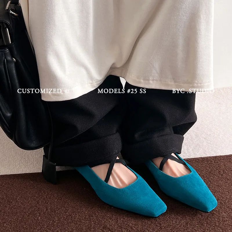 Fashionable Spring Square Toe Flat Low Heel Cross Strap Single Shoes Sheepskin Fashion Solid Color Women's Shoes 1-3p