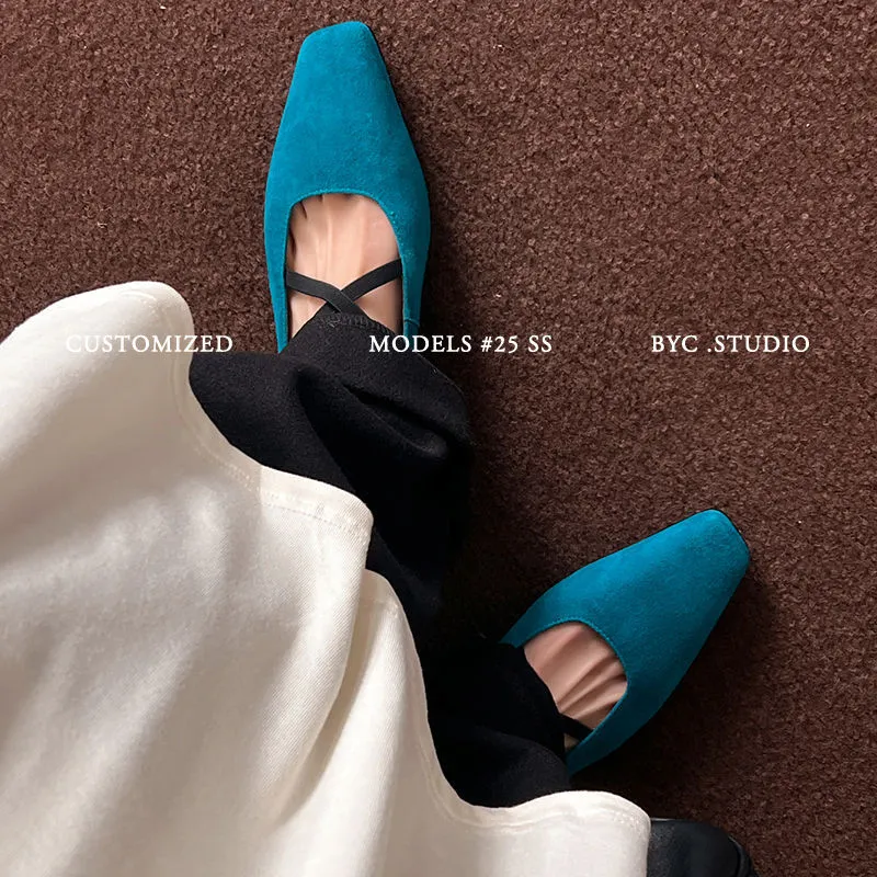 Fashionable Spring Square Toe Flat Low Heel Cross Strap Single Shoes Sheepskin Fashion Solid Color Women's Shoes 1-3p
