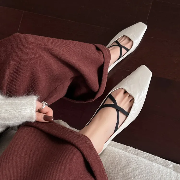 Fashionable Spring Square Toe Flat Low Heel Cross Strap Single Shoes Sheepskin Fashion Solid Color Women's Shoes 1-3p