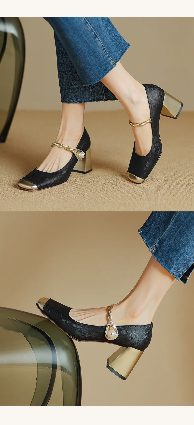 Low-heeled French-style color-blocked women's shoes, chunky heeled high heels, spring and autumn style, square toe, shallow mouth, one-strap fashionable single shoes.