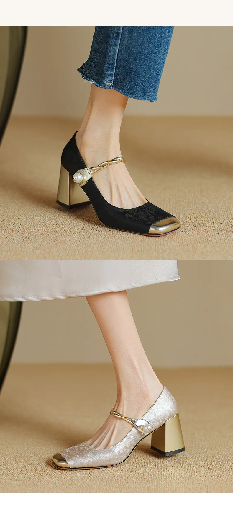 Low-heeled French-style color-blocked women's shoes, chunky heeled high heels, spring and autumn style, square toe, shallow mouth, one-strap fashionable single shoes.