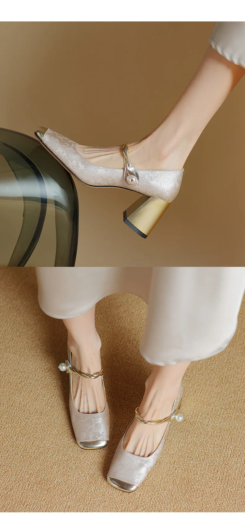 Low-heeled French-style color-blocked women's shoes, chunky heeled high heels, spring and autumn style, square toe, shallow mouth, one-strap fashionable single shoes.