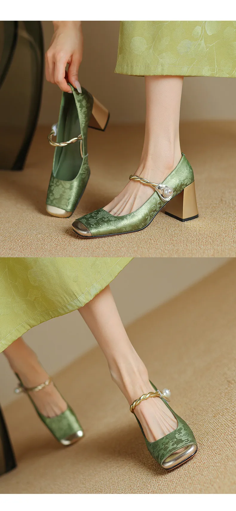 Low-heeled French-style color-blocked women's shoes, chunky heeled high heels, spring and autumn style, square toe, shallow mouth, one-strap fashionable single shoes.
