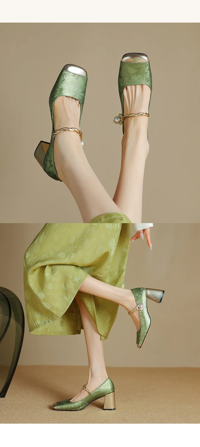 Low-heeled French-style color-blocked women's shoes, chunky heeled high heels, spring and autumn style, square toe, shallow mouth, one-strap fashionable single shoes.