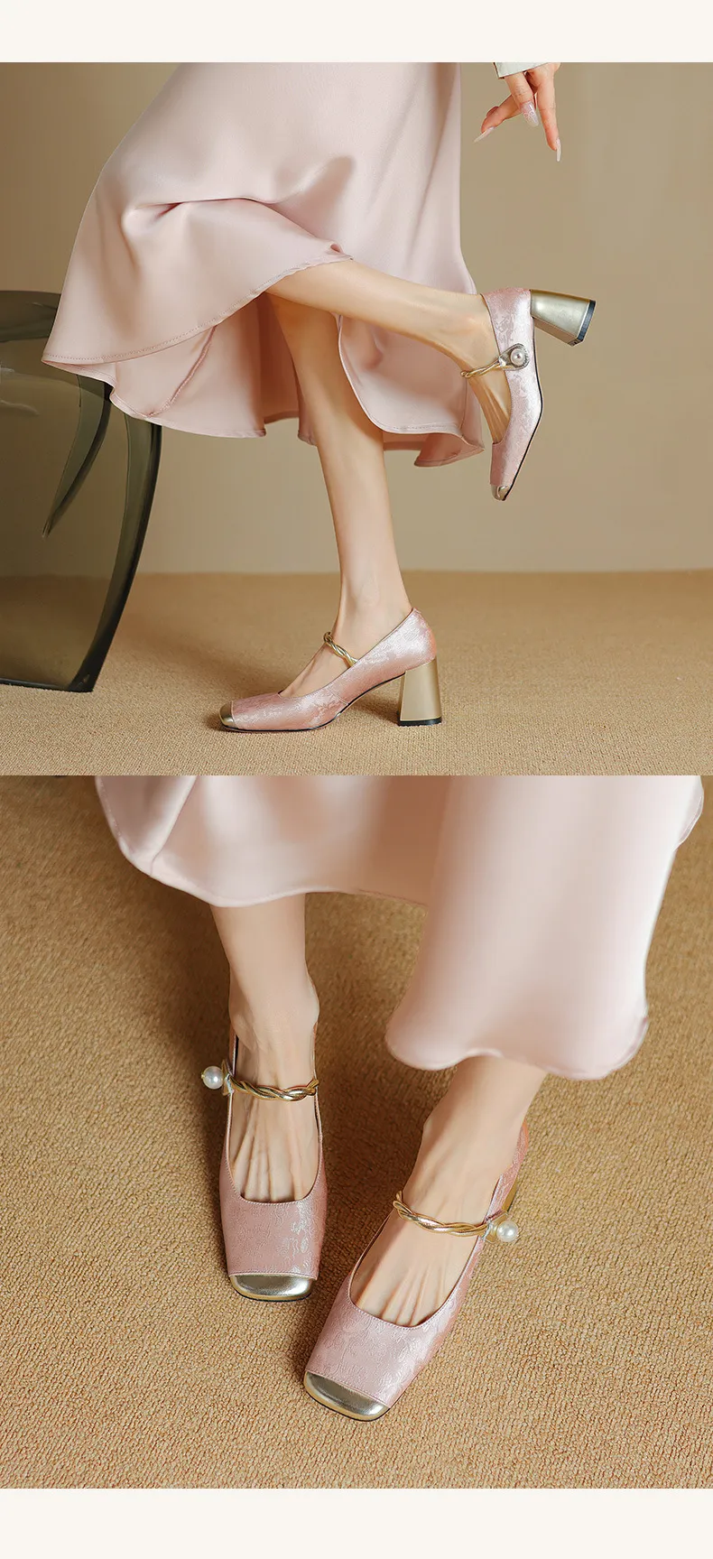 Low-heeled French-style color-blocked women's shoes, chunky heeled high heels, spring and autumn style, square toe, shallow mouth, one-strap fashionable single shoes.