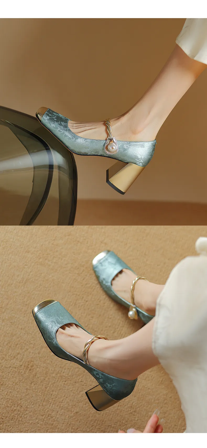 Low-heeled French-style color-blocked women's shoes, chunky heeled high heels, spring and autumn style, square toe, shallow mouth, one-strap fashionable single shoes.