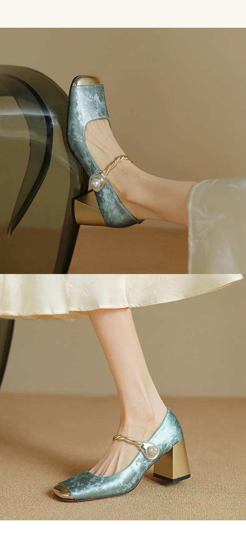 Low-heeled French-style color-blocked women's shoes, chunky heeled high heels, spring and autumn style, square toe, shallow mouth, one-strap fashionable single shoes.