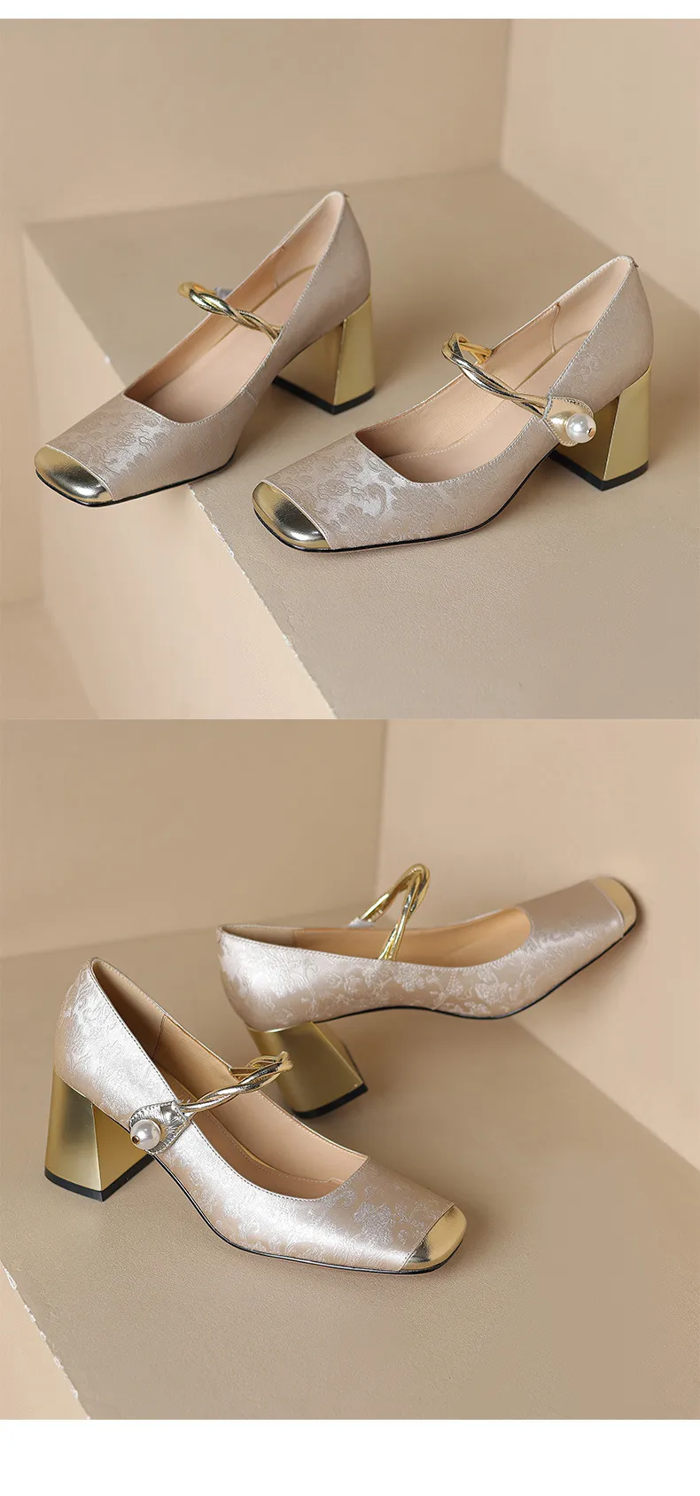 Low-heeled French-style color-blocked women's shoes, chunky heeled high heels, spring and autumn style, square toe, shallow mouth, one-strap fashionable single shoes.
