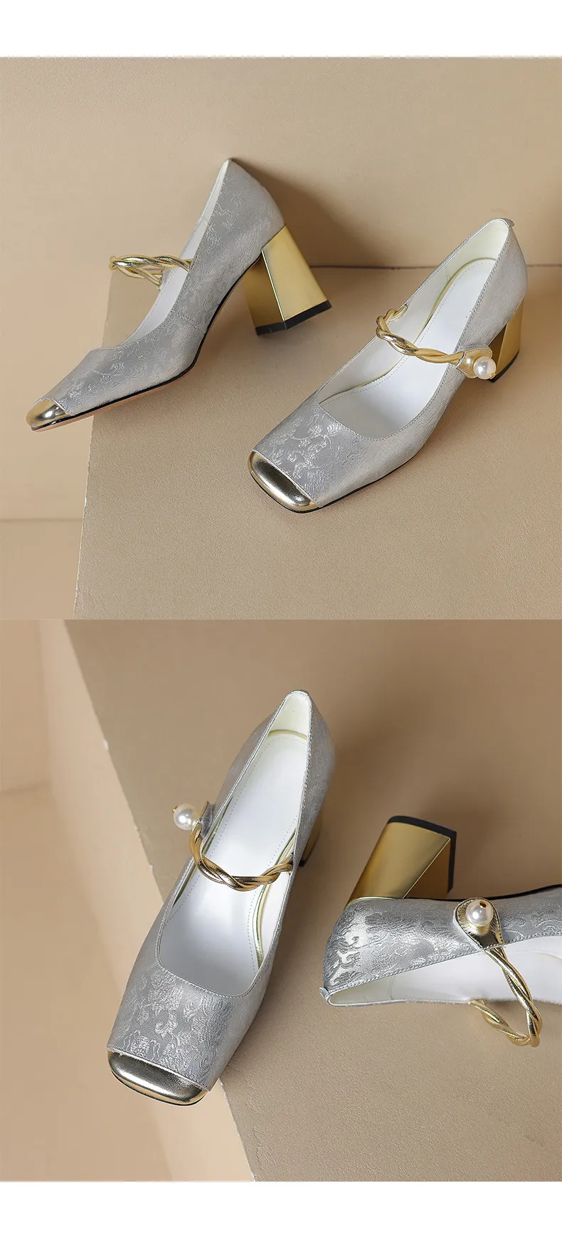 Low-heeled French-style color-blocked women's shoes, chunky heeled high heels, spring and autumn style, square toe, shallow mouth, one-strap fashionable single shoes.