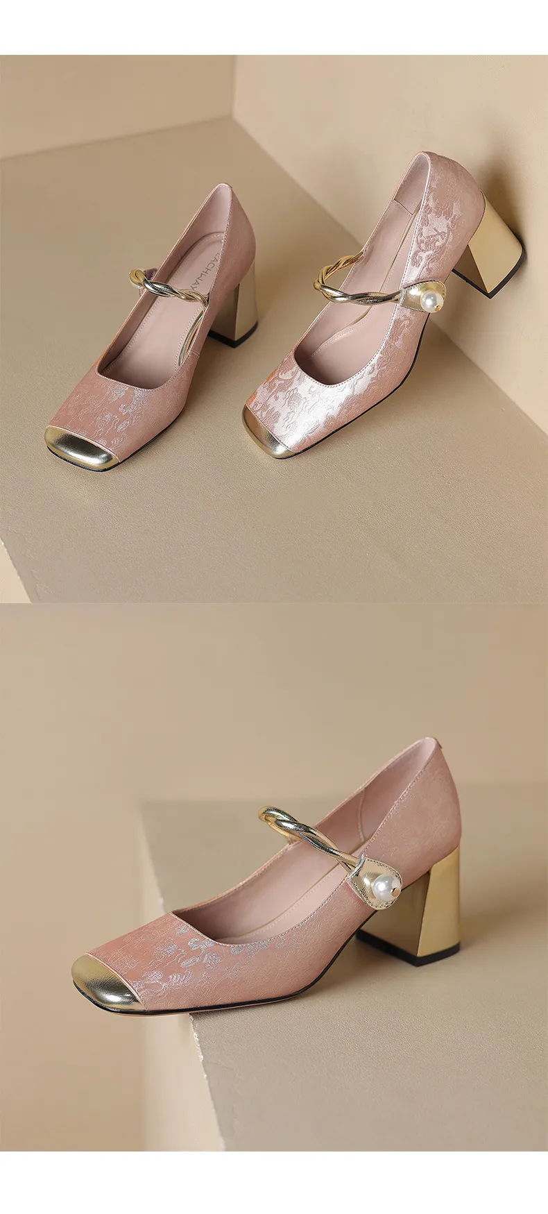 Low-heeled French-style color-blocked women's shoes, chunky heeled high heels, spring and autumn style, square toe, shallow mouth, one-strap fashionable single shoes.