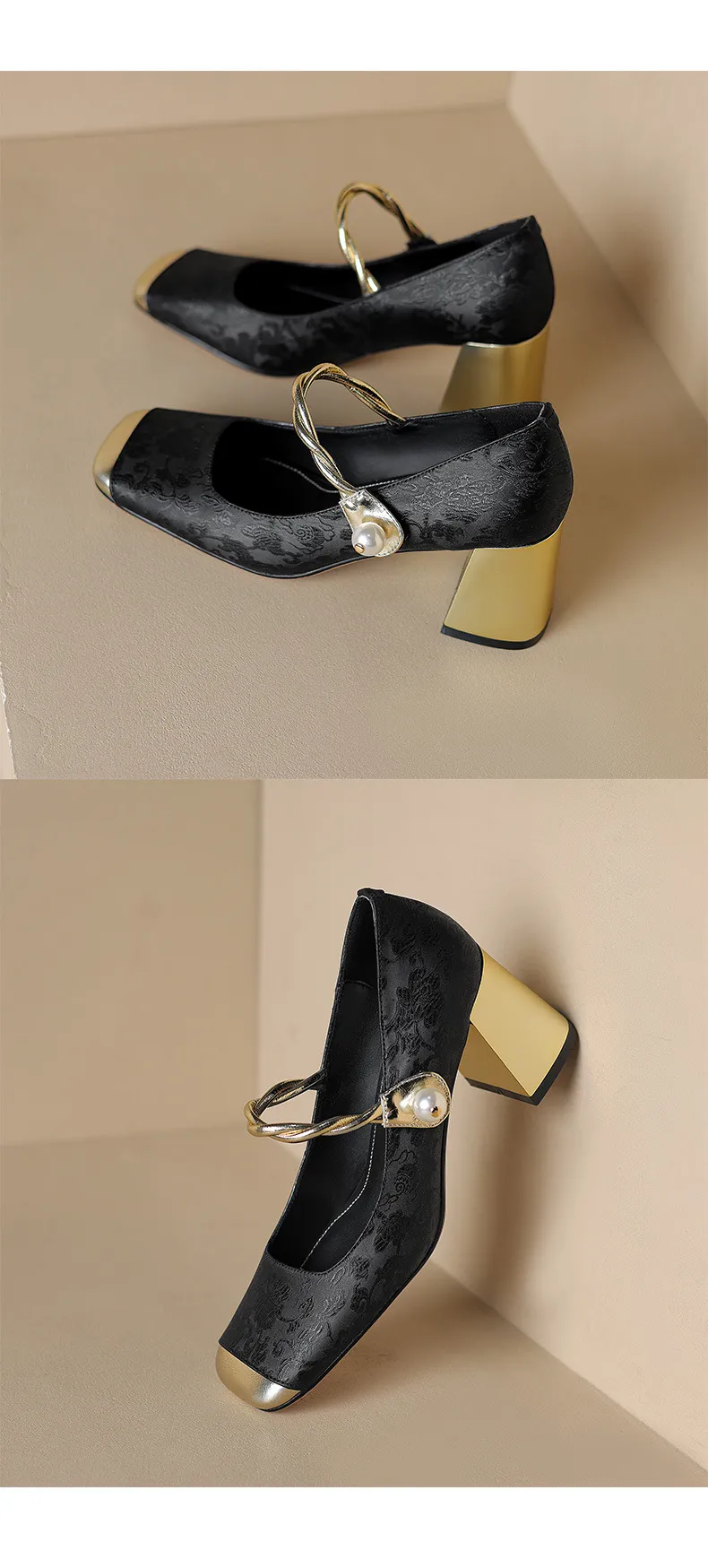 Low-heeled French-style color-blocked women's shoes, chunky heeled high heels, spring and autumn style, square toe, shallow mouth, one-strap fashionable single shoes.