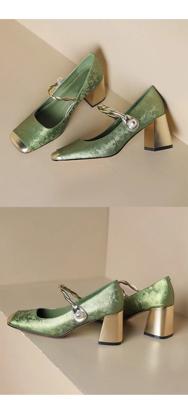 Low-heeled French-style color-blocked women's shoes, chunky heeled high heels, spring and autumn style, square toe, shallow mouth, one-strap fashionable single shoes.