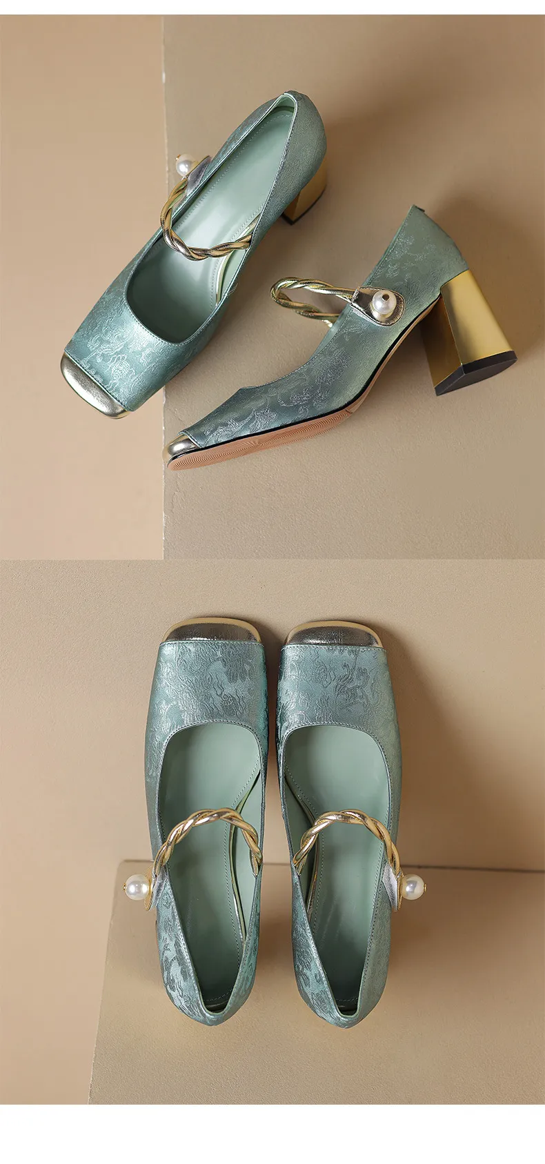 Low-heeled French-style color-blocked women's shoes, chunky heeled high heels, spring and autumn style, square toe, shallow mouth, one-strap fashionable single shoes.
