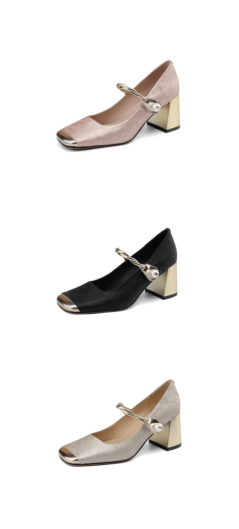 Low-heeled French-style color-blocked women's shoes, chunky heeled high heels, spring and autumn style, square toe, shallow mouth, one-strap fashionable single shoes.