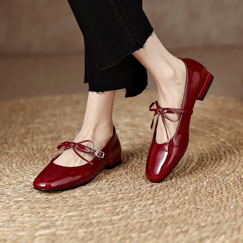 Fashionable cherry red Mary Jane shoes, spring and autumn round toe, chunky heel, low heel, butterfly lace-up, low-cut flats