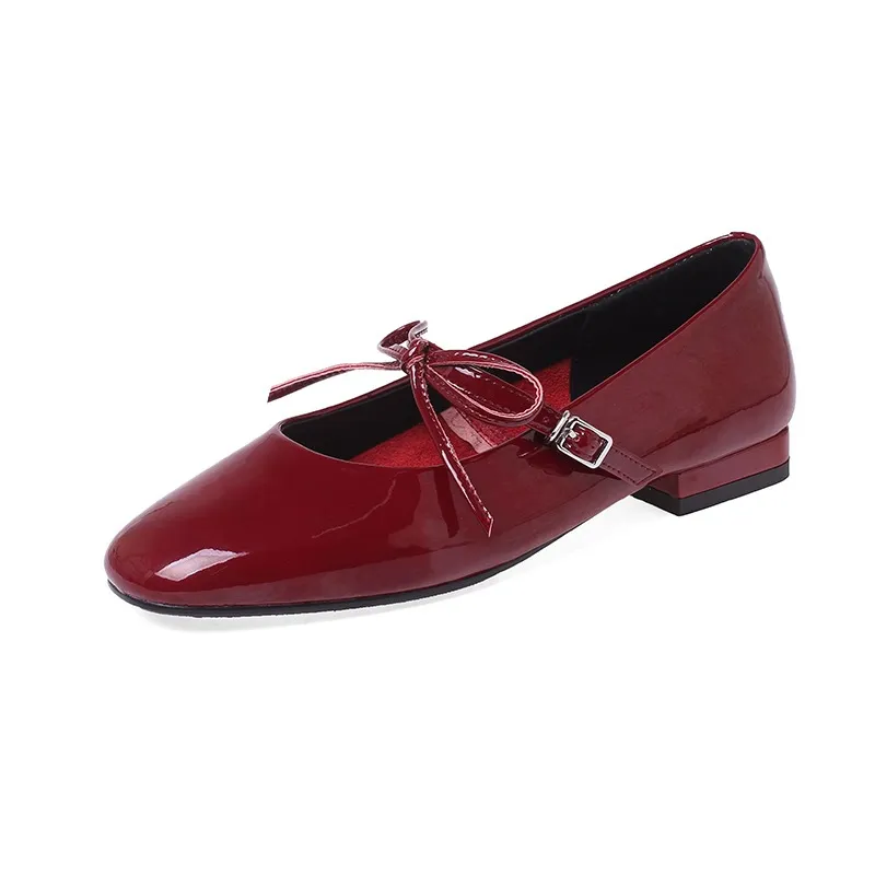 Fashionable cherry red Mary Jane shoes, spring and autumn round toe, chunky heel, low heel, butterfly lace-up, low-cut flats
