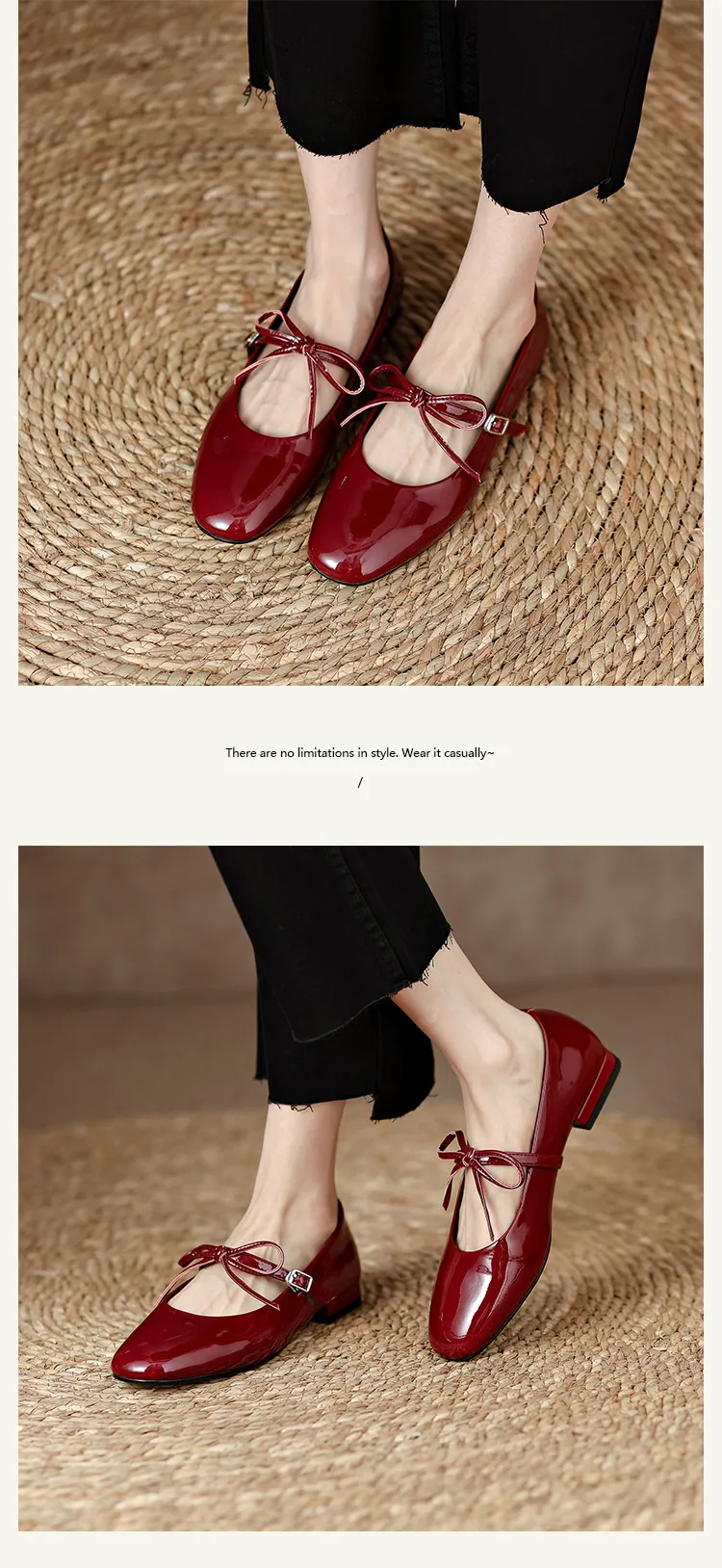 Fashionable cherry red Mary Jane shoes, spring and autumn round toe, chunky heel, low heel, butterfly lace-up, low-cut flats