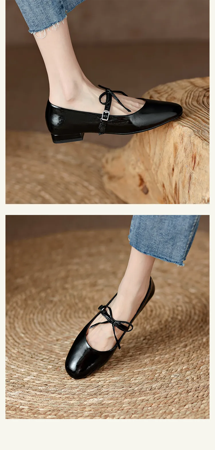 Fashionable cherry red Mary Jane shoes, spring and autumn round toe, chunky heel, low heel, butterfly lace-up, low-cut flats