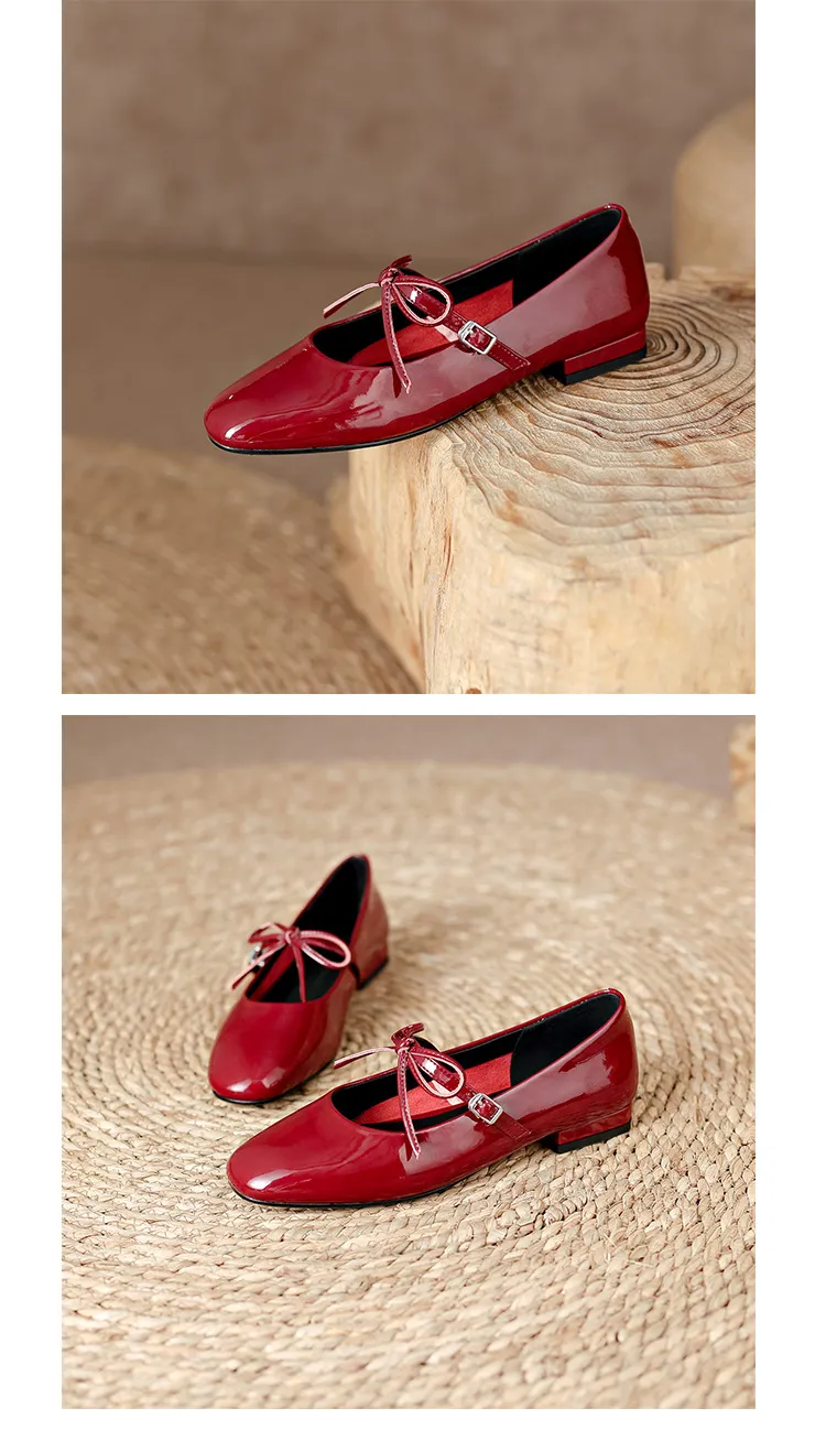 Fashionable cherry red Mary Jane shoes, spring and autumn round toe, chunky heel, low heel, butterfly lace-up, low-cut flats