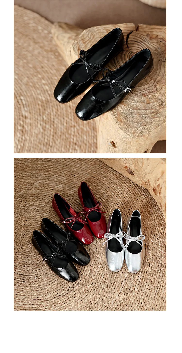 Fashionable cherry red Mary Jane shoes, spring and autumn round toe, chunky heel, low heel, butterfly lace-up, low-cut flats