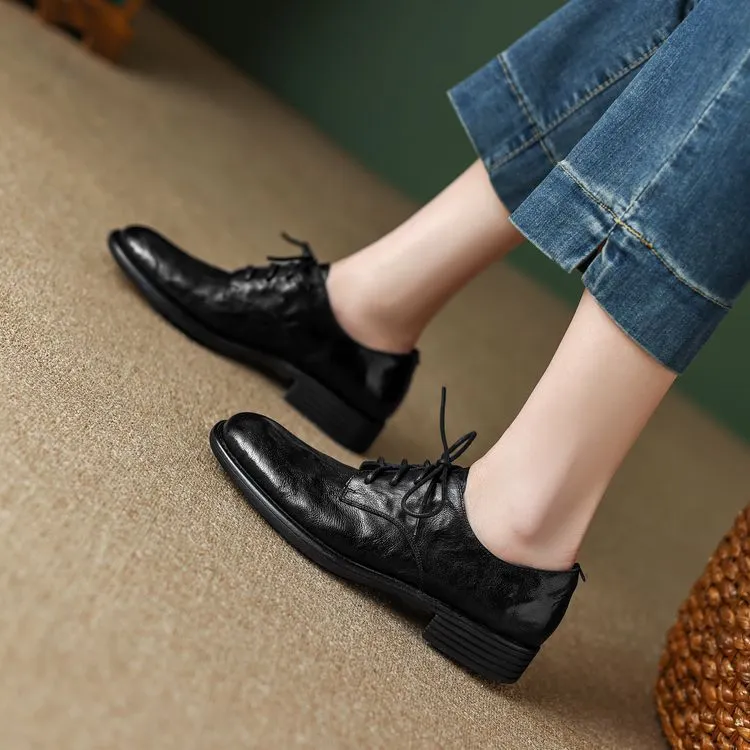 Slip-on lace-up style women's spring chunky heel mid-heel round toe deep-cut cowhide fashion shoes 1-15j