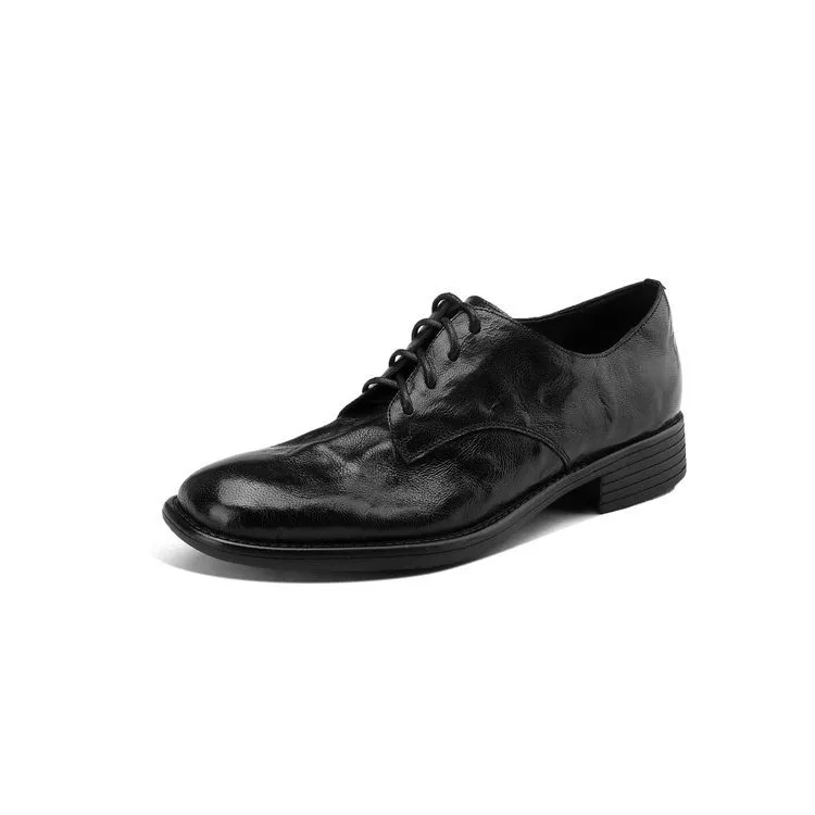 Slip-on lace-up style women's spring chunky heel mid-heel round toe deep-cut cowhide fashion shoes 1-15j