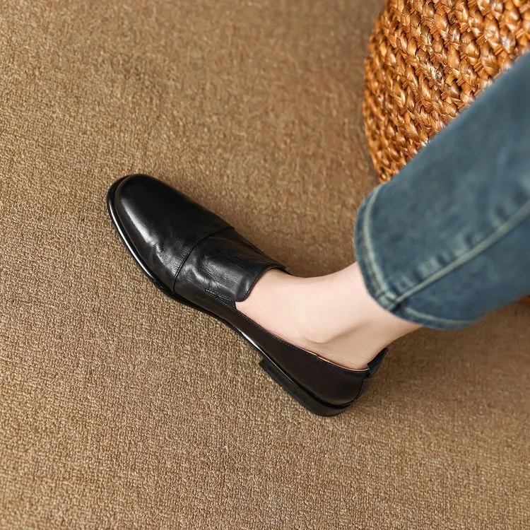 Slip-on lace-up style women's spring chunky heel mid-heel round toe deep-cut cowhide fashion shoes 1-15j