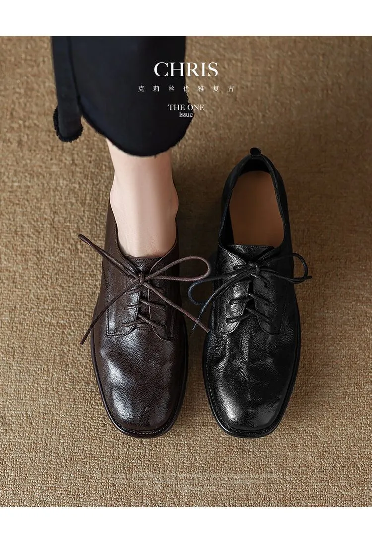 Slip-on lace-up style women's spring chunky heel mid-heel round toe deep-cut cowhide fashion shoes 1-15j