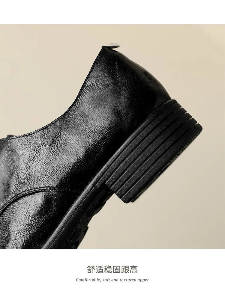 Slip-on lace-up style women's spring chunky heel mid-heel round toe deep-cut cowhide fashion shoes 1-15j